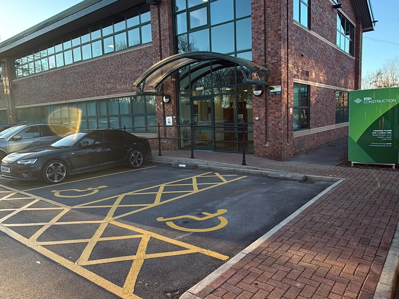 Disabled bays and hatching at an office car park
